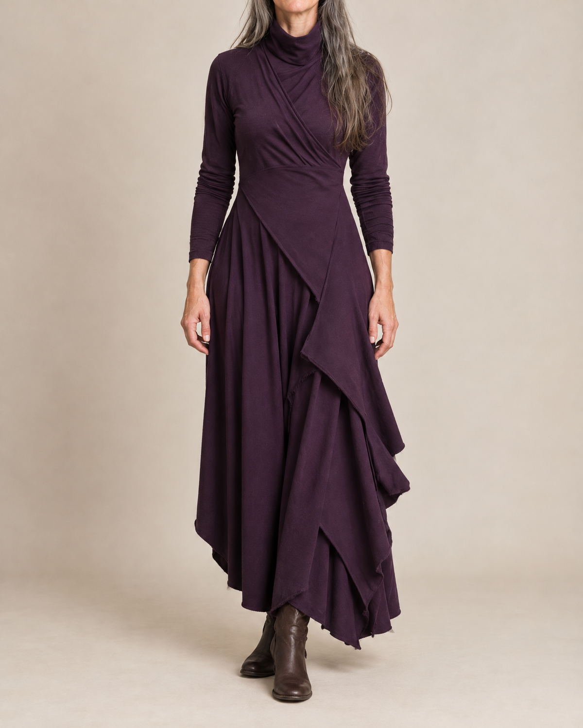 Hazel Draped Roll Neck Maxi Dress in Plum