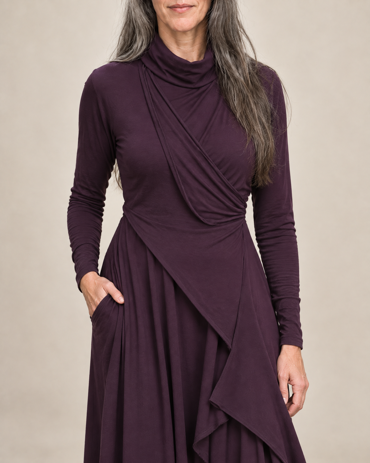 Hazel Draped Roll Neck Maxi Dress detail