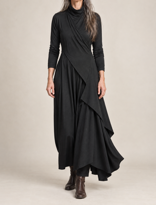 Hazel Draped Roll Neck Maxi Dress in Black