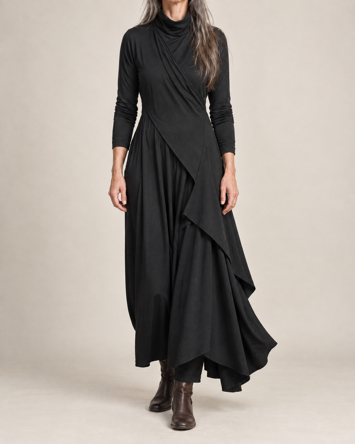 Hazel Draped Roll Neck Maxi Dress in Black