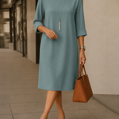 Kathleen Relaxed Roll-Cuff Pocket Dress in Peacock Blue