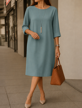 Kathleen Relaxed Roll-Cuff Pocket Dress in Peacock Blue