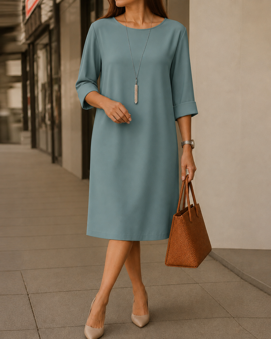 Kathleen Relaxed Roll-Cuff Pocket Dress in Peacock Blue