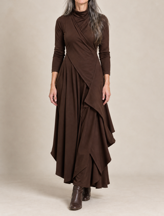 Hazel Draped Roll Neck Maxi Dress in Chocolate