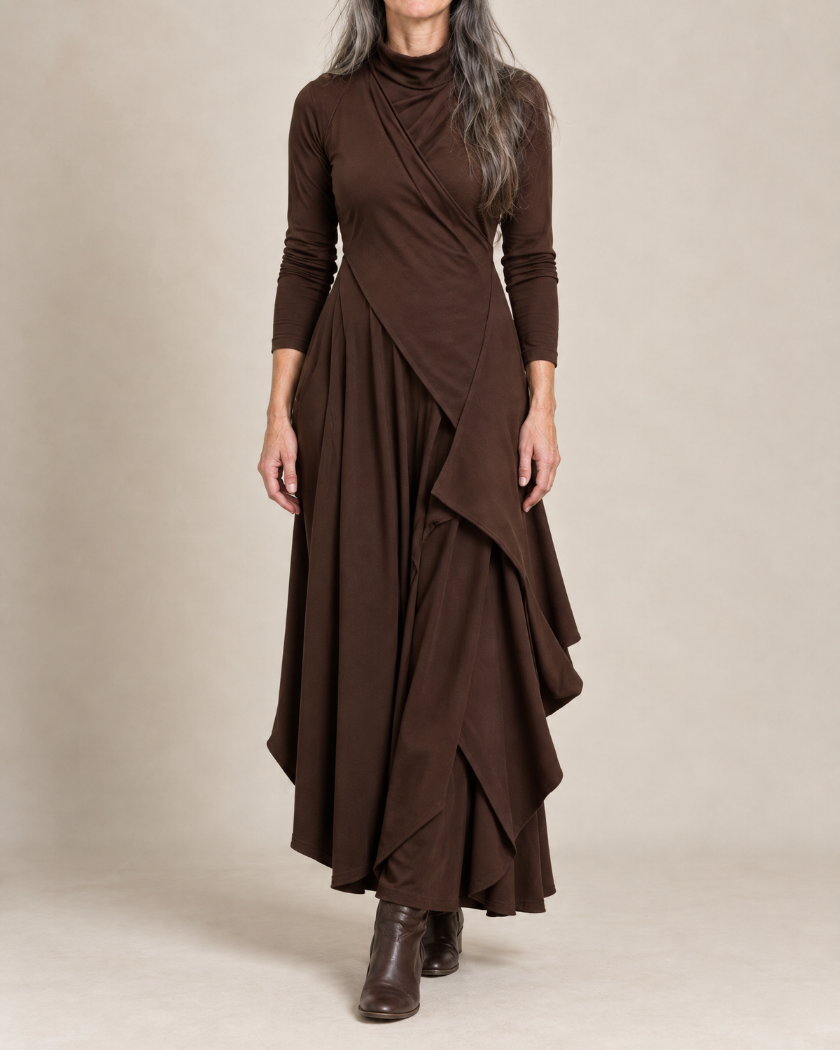 Hazel Draped Roll Neck Maxi Dress in Chocolate