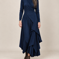Hazel Draped Roll Neck Maxi Dress in Navy