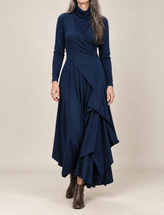 Hazel Draped Roll Neck Maxi Dress in Navy