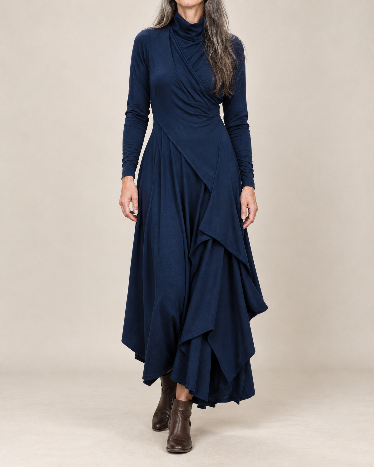 Hazel Draped Roll Neck Maxi Dress in Navy