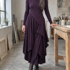 Hazel Draped Roll Neck Maxi Dress in Plum outdoors