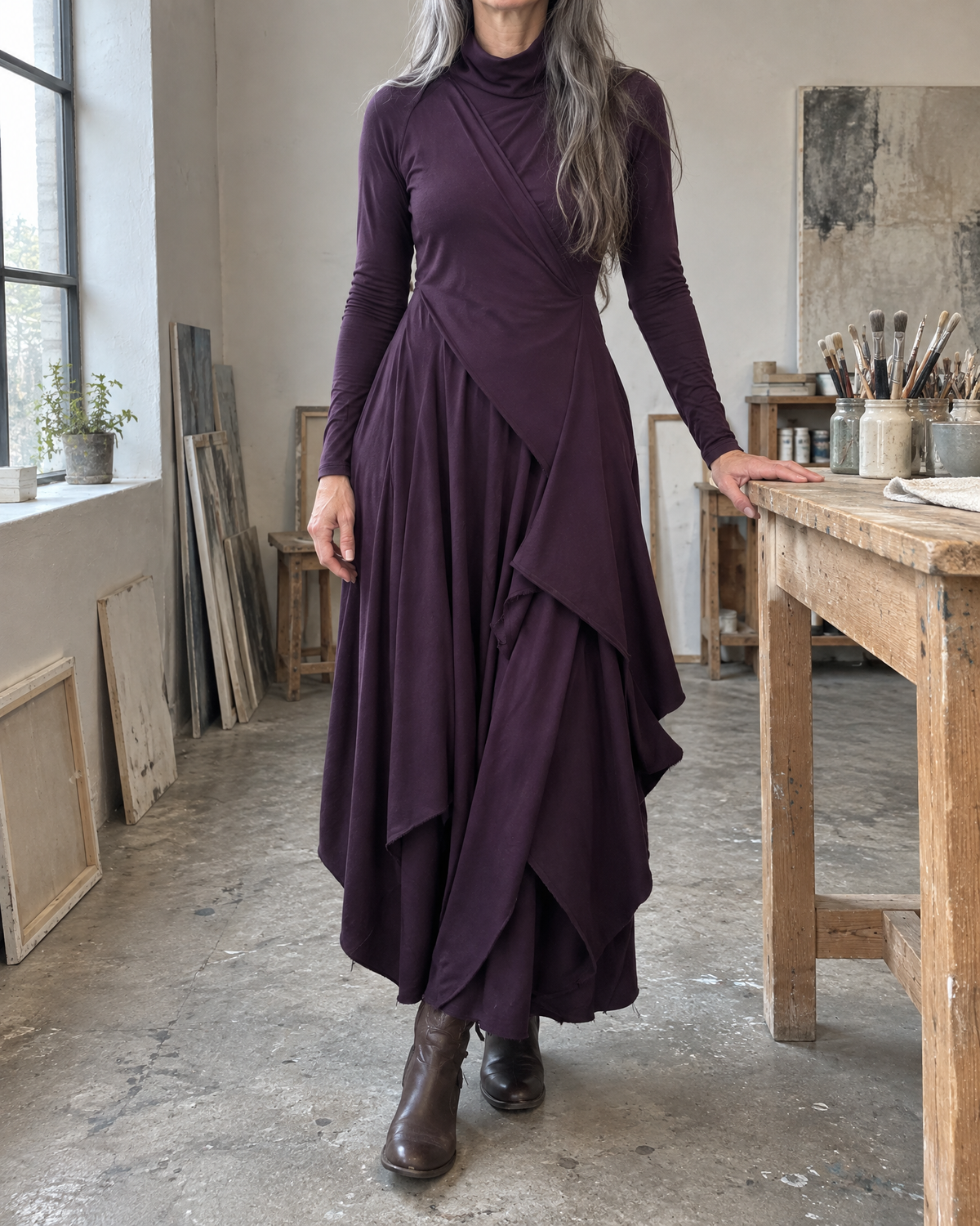 Hazel Draped Roll Neck Maxi Dress in Plum outdoors