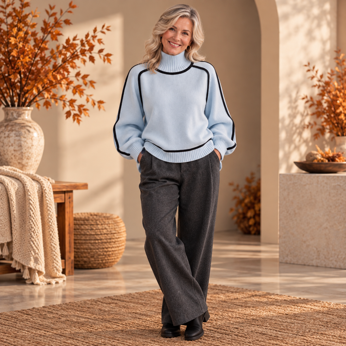 Pamela™ | Contrast Piped Roll Neck Jumper