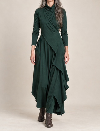Hazel Draped Roll Neck Maxi Dress in Bottle Green