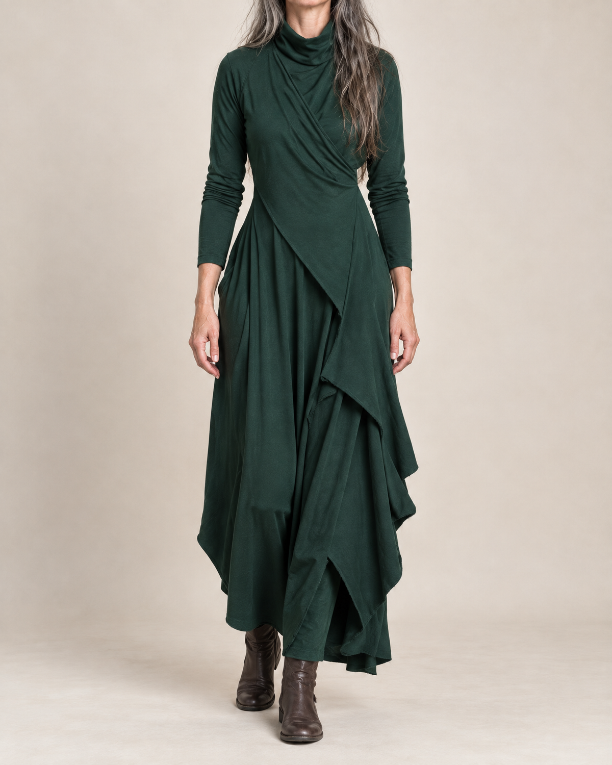 Hazel Draped Roll Neck Maxi Dress in Bottle Green
