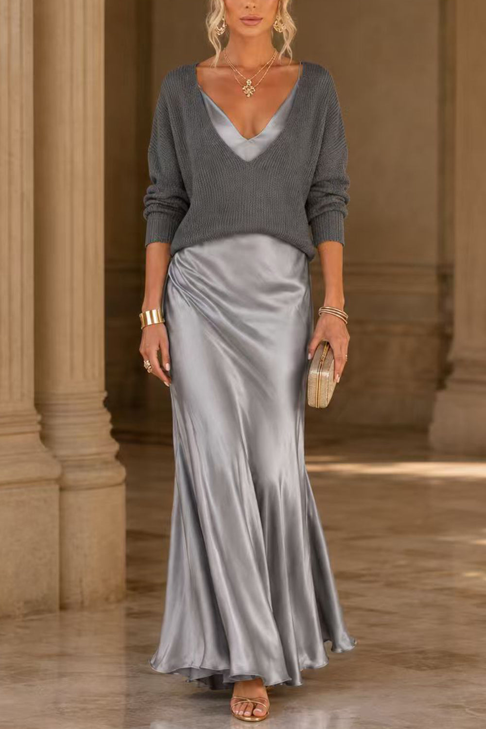 Annabel V-Neck Knit Top and Satin Slip Dress Set