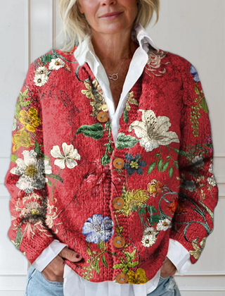 Tina Vintage Floral Button Cardigan in Red Floral