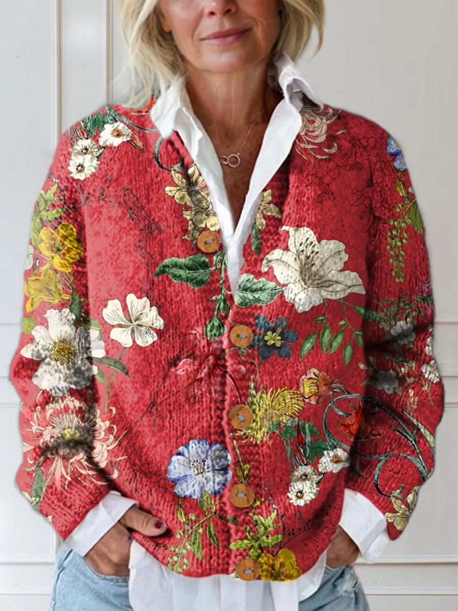 Tina Vintage Floral Button Cardigan in Red Floral
