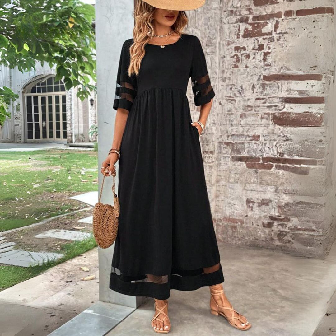 Jillian | Sheer Stripe Panel Maxi Dress with Pockets
