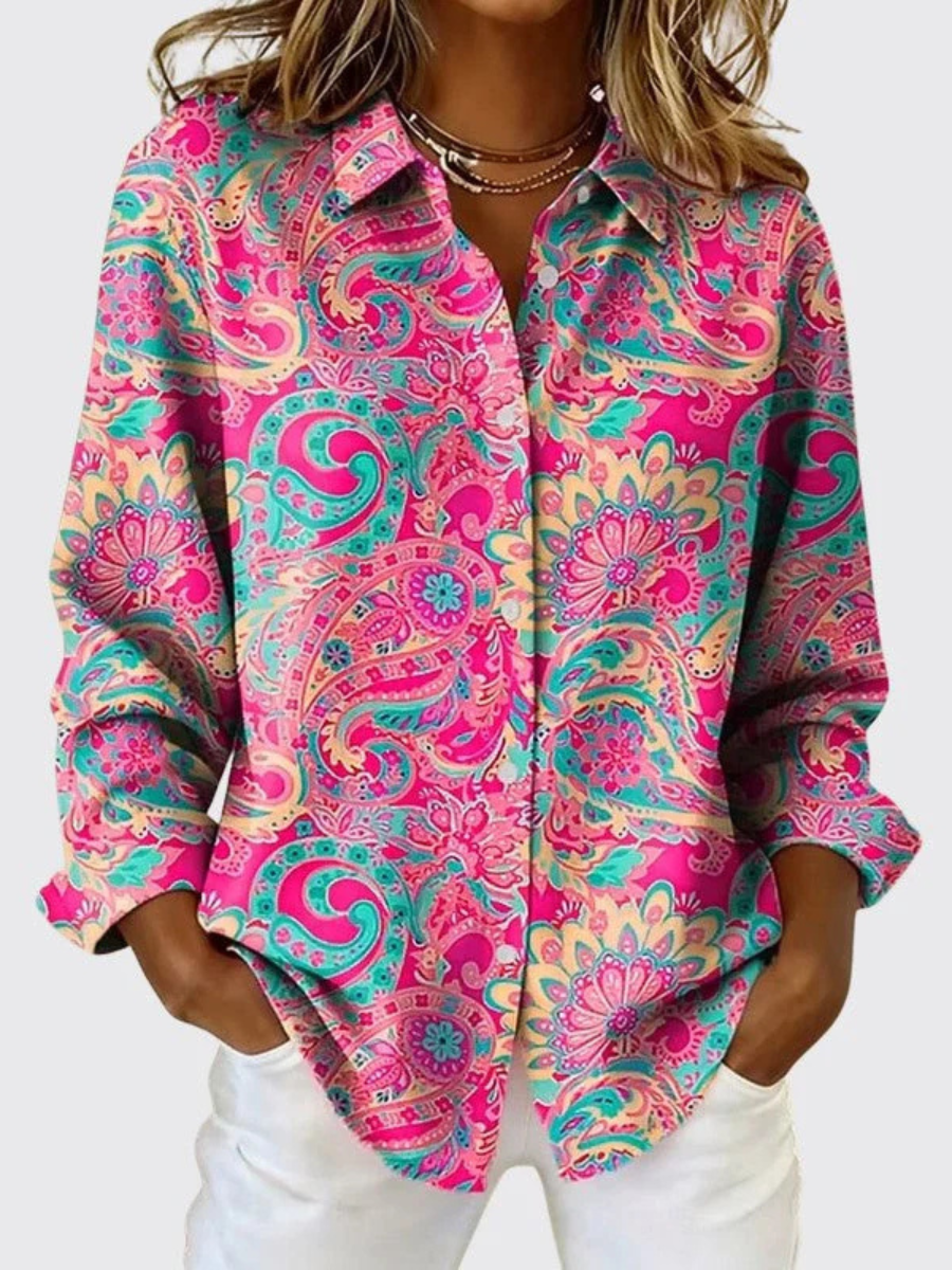 Carole Paisley Print Button-Up Blouse in Pink