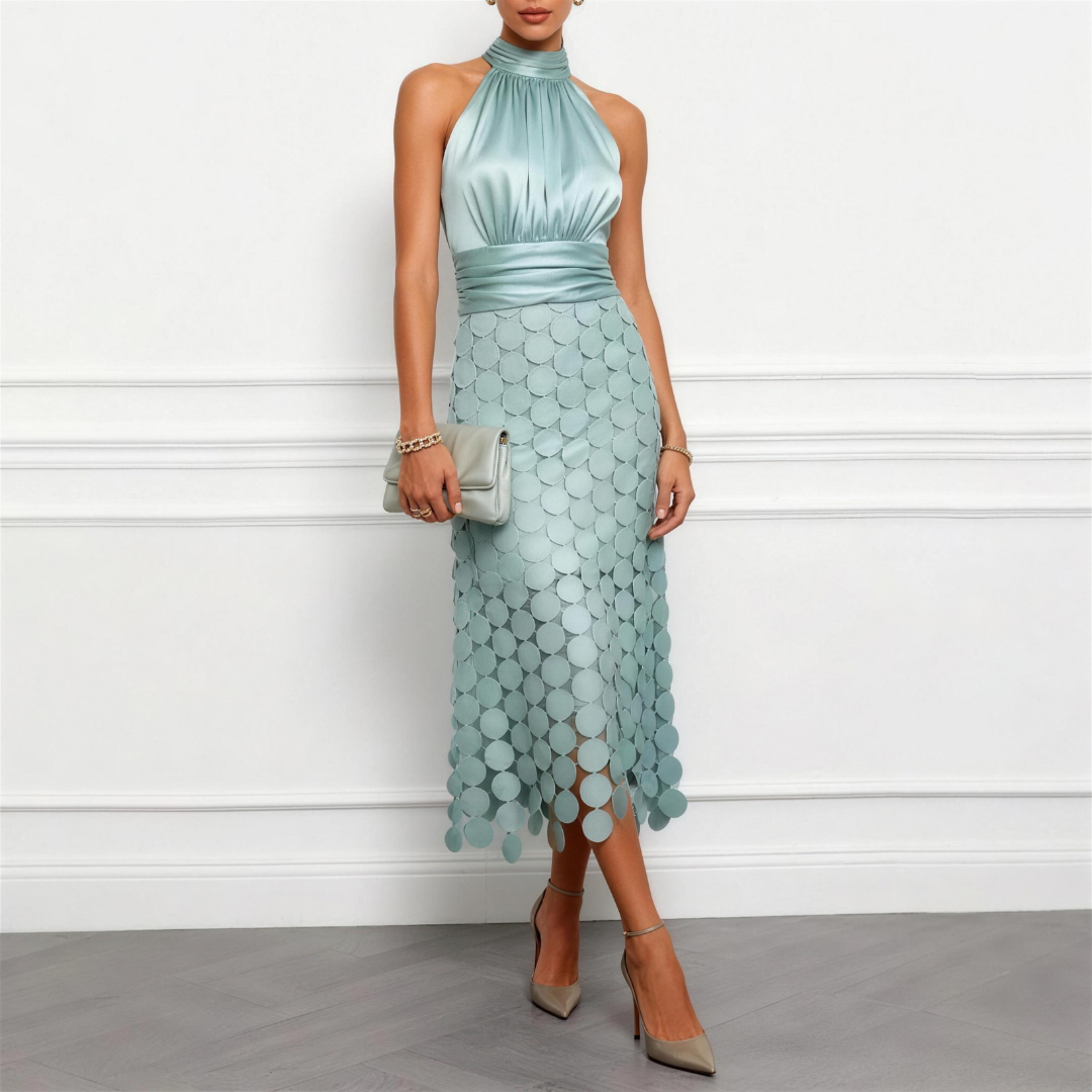 Cecily Satin Halter Neck Midi Dress with Circle Lace Skirt
