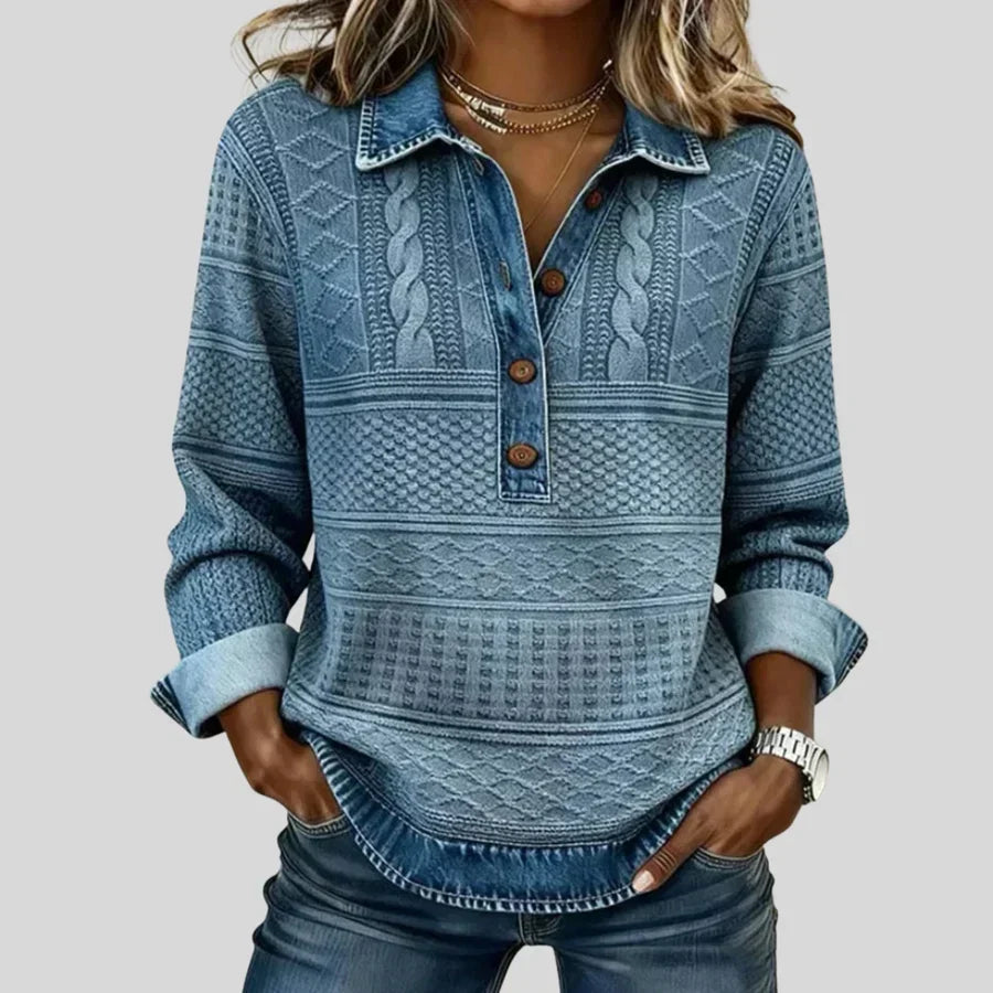 Janet Denim Collar Cable Knit Jumper in Denim Blue