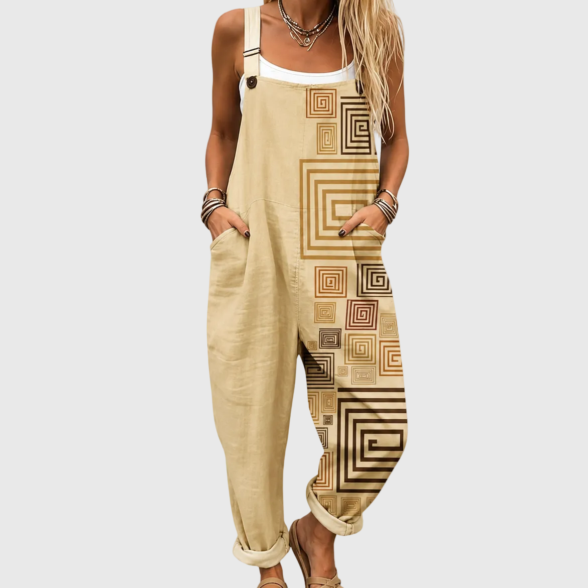 BEIGE JUMPSUIT WITH GEOMETRIC PATTERN