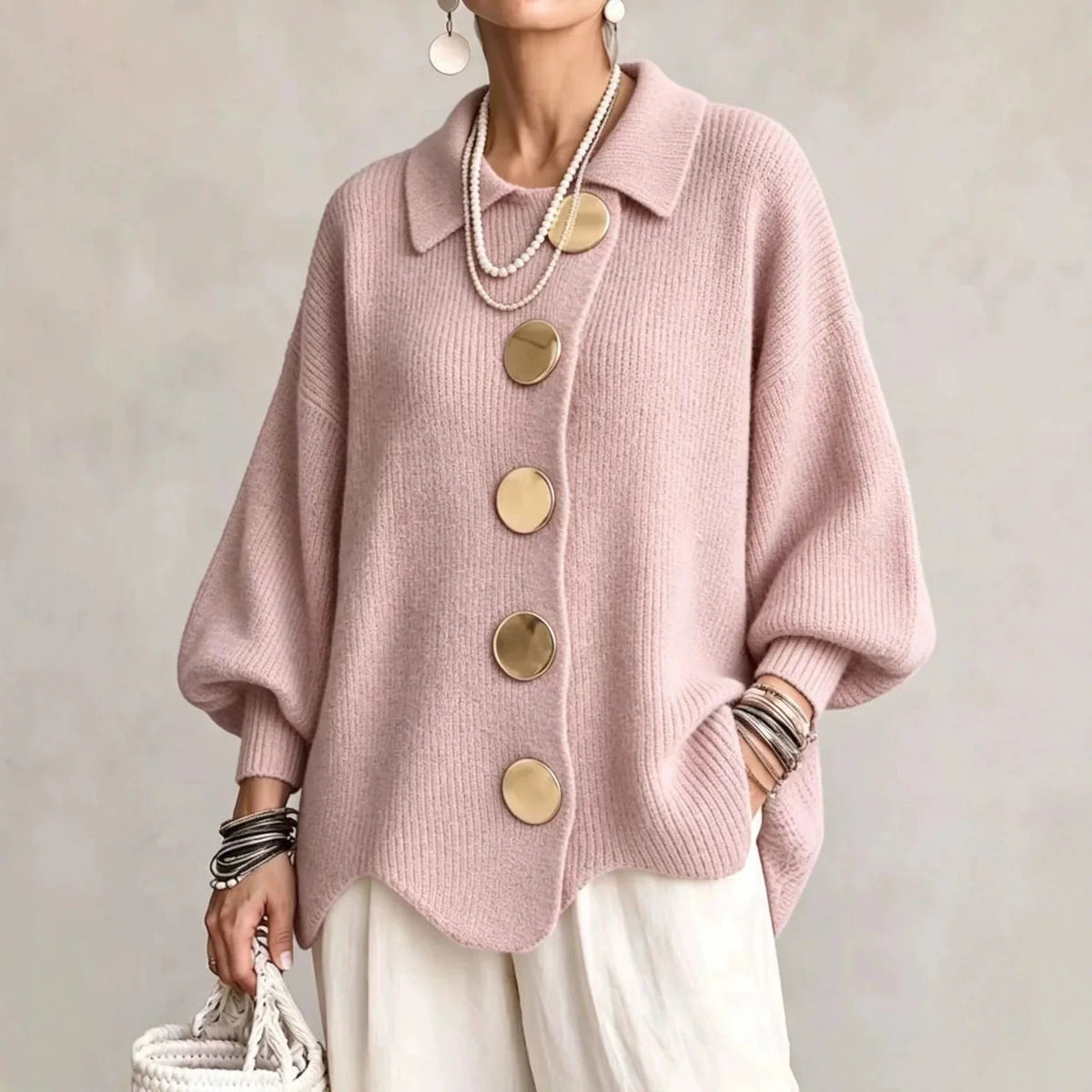 Jacqueline Collared Gold Button Knit Cardigan