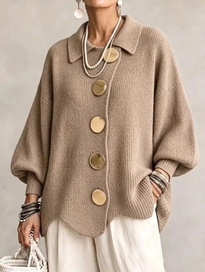 Jacqueline Collared Gold Button Knit Cardigan