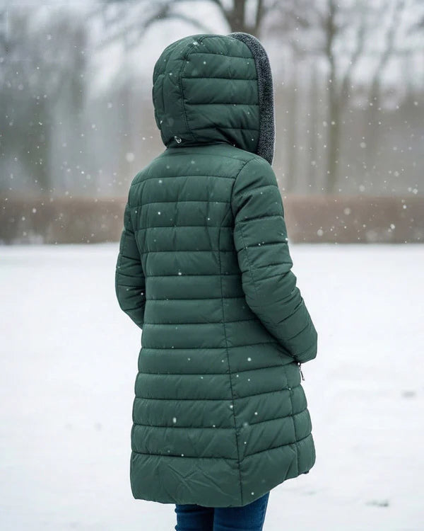 Doris | Long Quilted Coat with Fleece-Look Hood