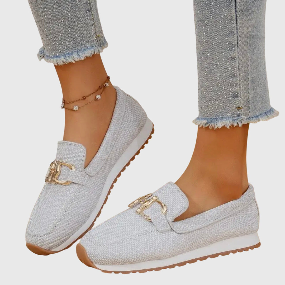 Judy | Gold Buckle Knit Loafer Trainers