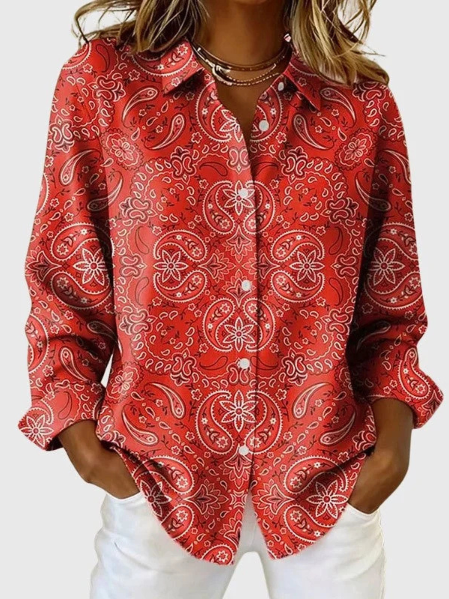 Carole Paisley Print Button-Up Blouse in Red
