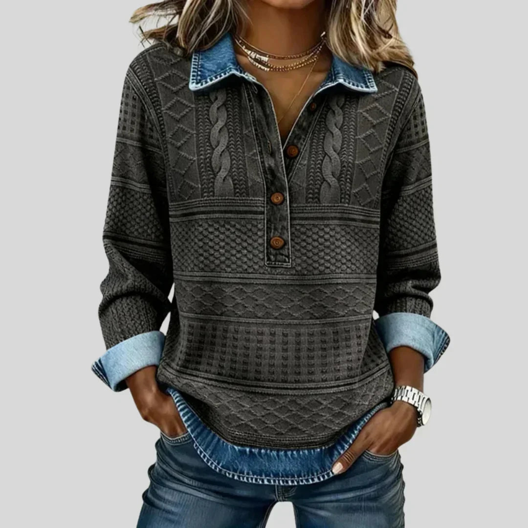 Janet Denim Collar Cable Knit Jumper in Charcoal