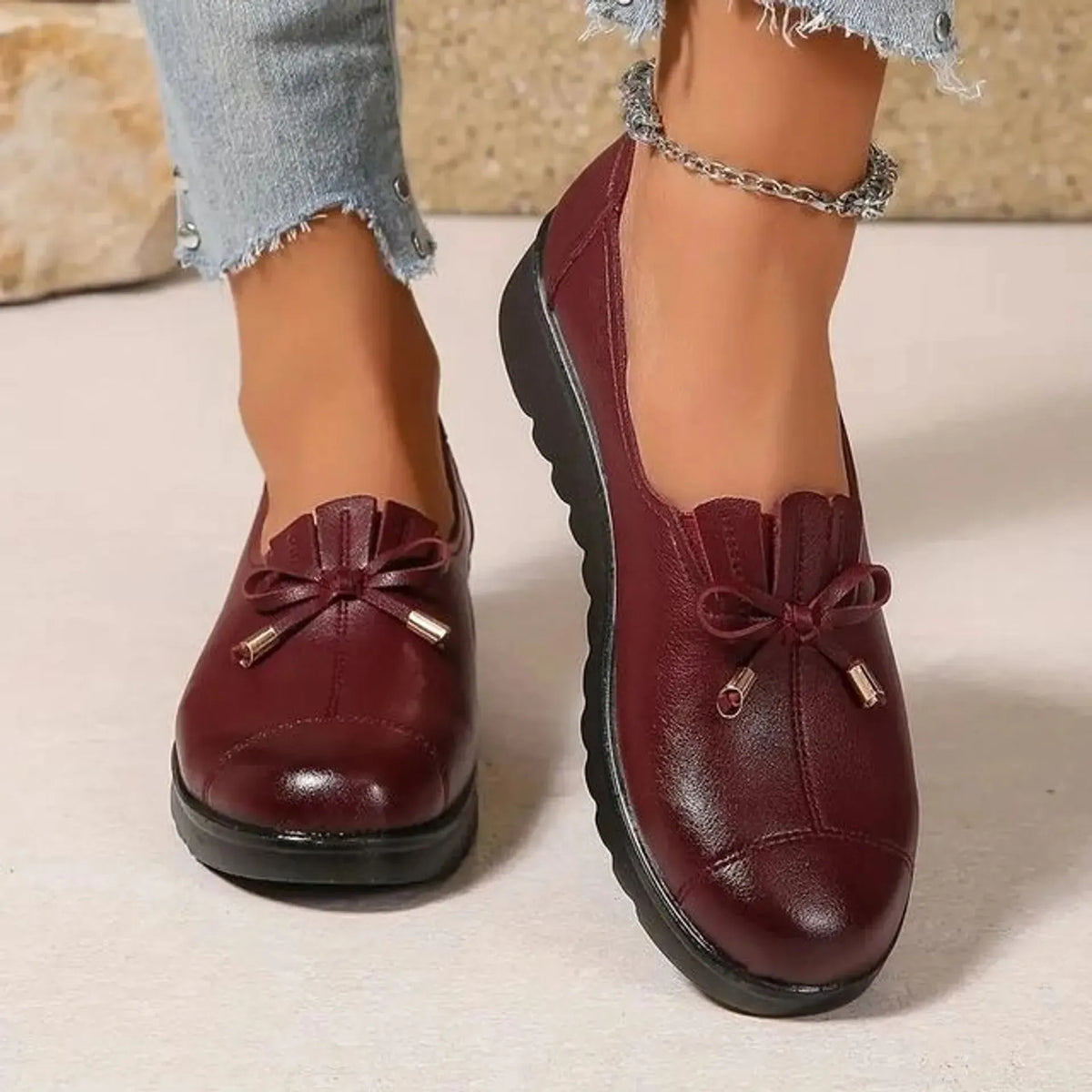Anita Bow Detail Comfort Loafers in Red