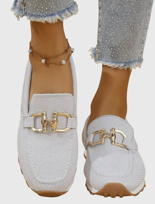 Judy | Gold Buckle Knit Loafer Trainers
