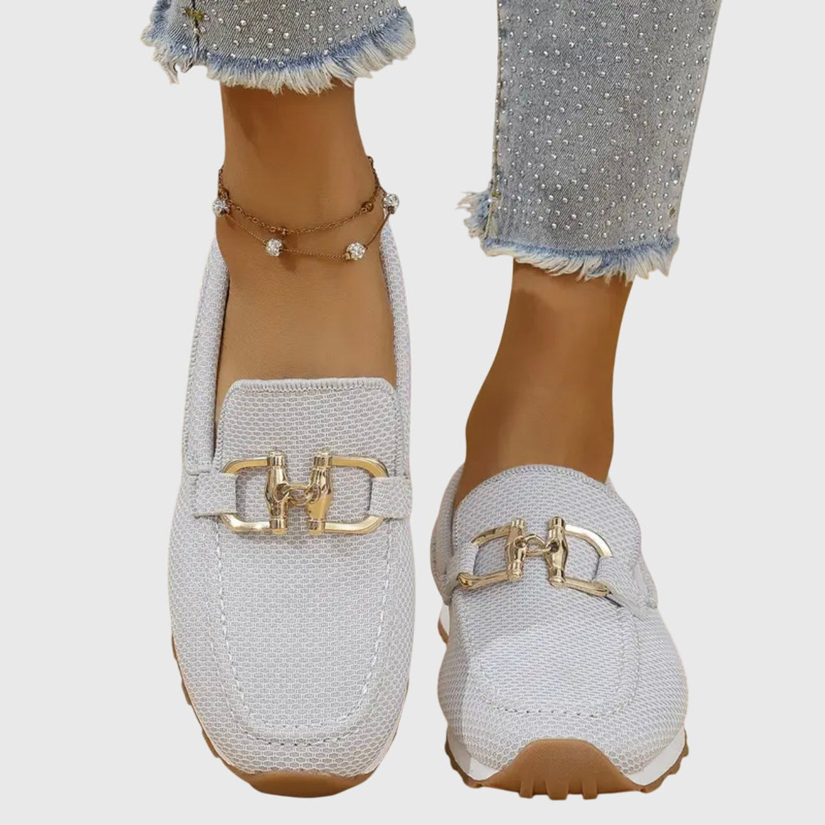 Judy | Gold Buckle Knit Loafer Trainers