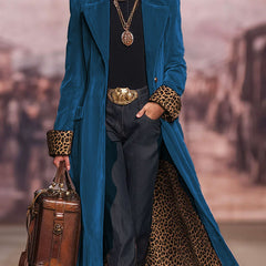 Jackie Long Velvet Coat with Leopard Lining in Petrol Blue