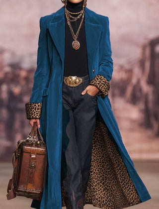 Jackie Long Velvet Coat with Leopard Lining in Petrol Blue
