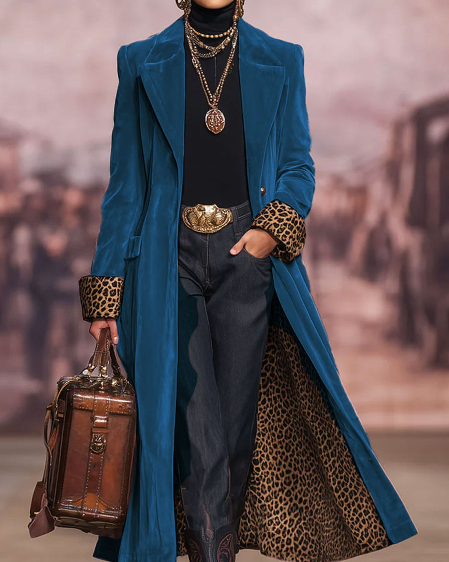 Jackie Long Velvet Coat with Leopard Lining in Petrol Blue