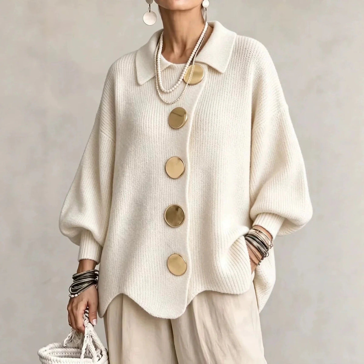 Jacqueline Collared Gold Button Knit Cardigan