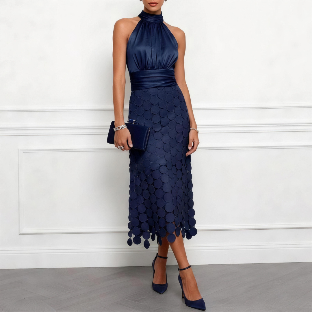 Cecily Satin Halter Neck Midi Dress with Circle Lace Skirt