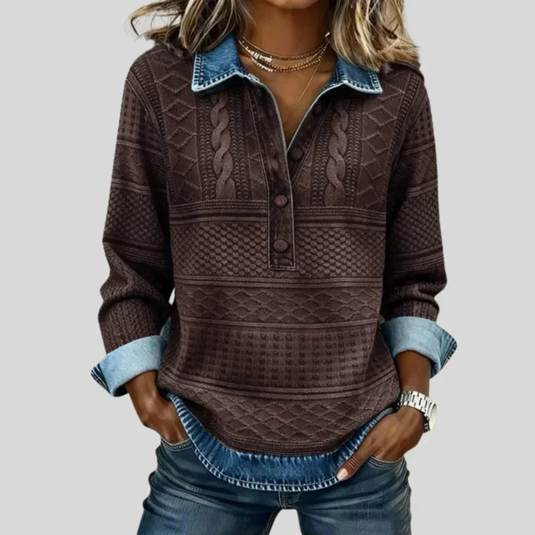 Janet Denim Collar Cable Knit Jumper in Chocolate