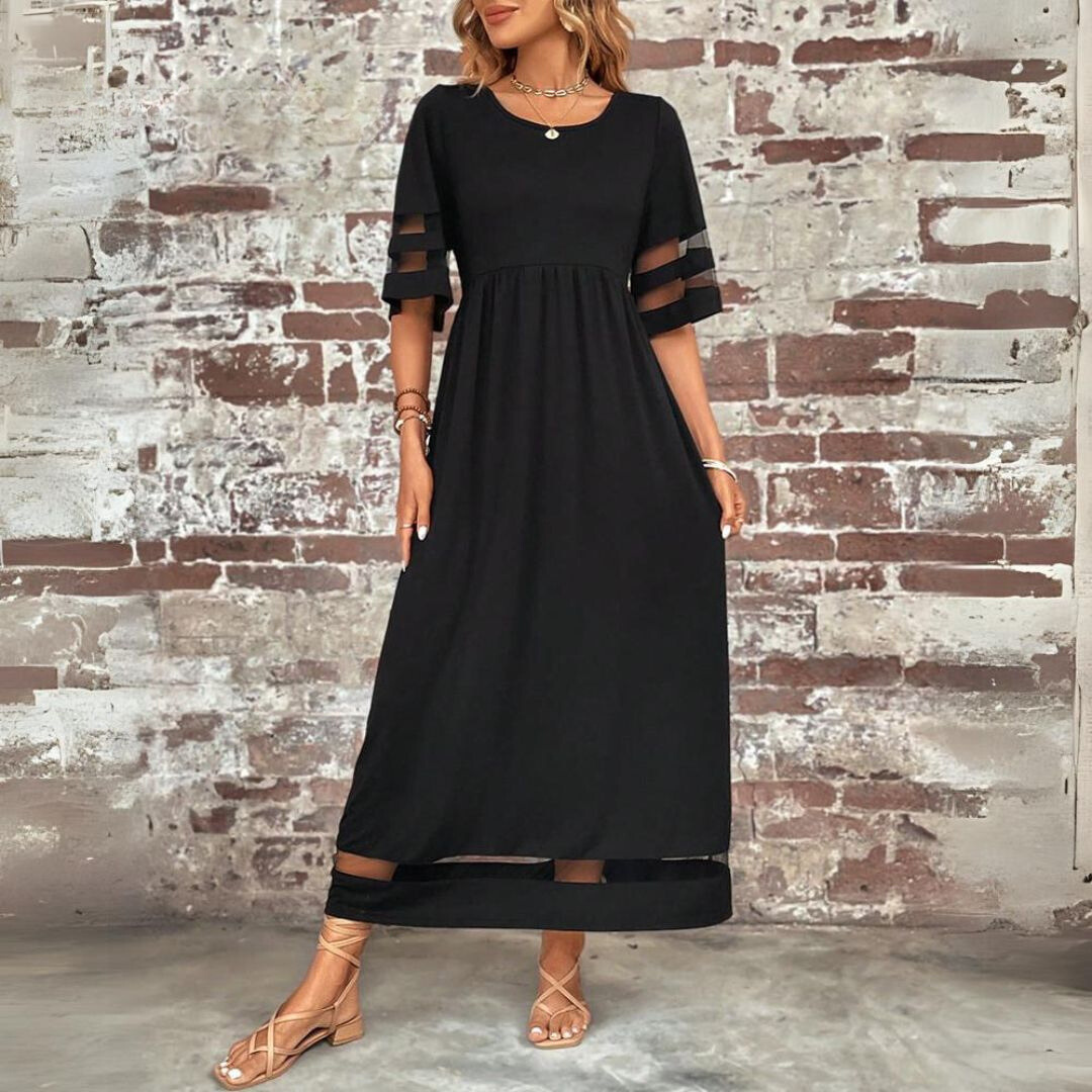 Jillian | Sheer Stripe Panel Maxi Dress with Pockets