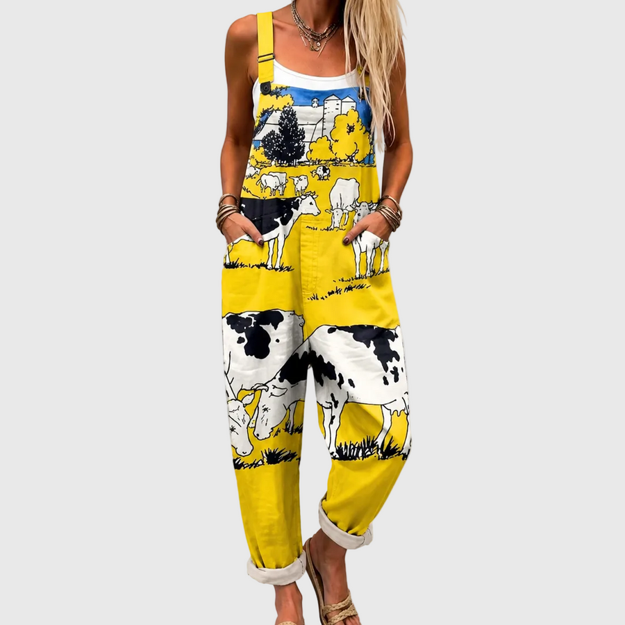 SOFT YELLOW JUMPSUIT WITH COUNTRY PRINT