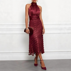 Cecily Satin Halter Neck Midi Dress with Circle Lace Skirt