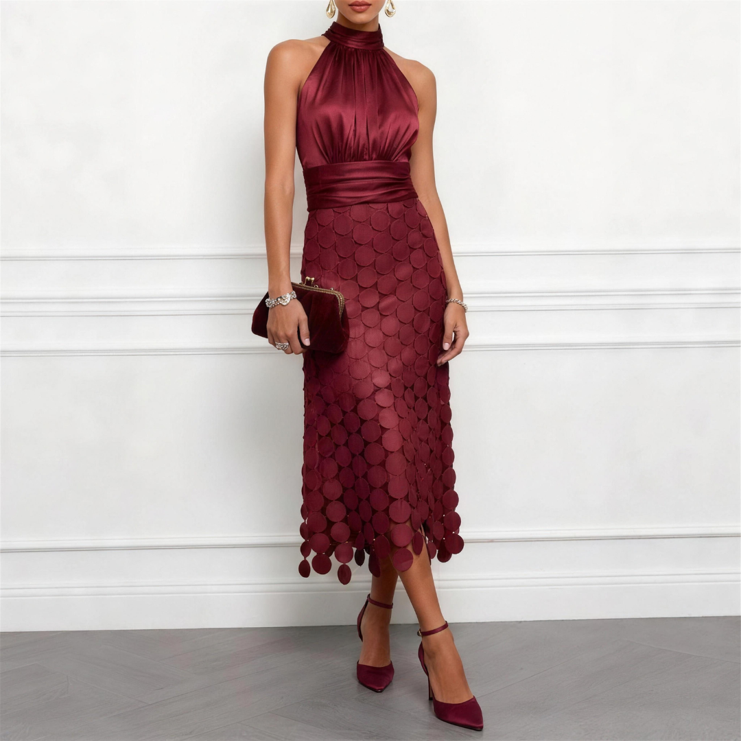 Cecily Satin Halter Neck Midi Dress with Circle Lace Skirt