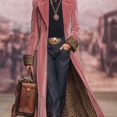 Jackie Long Velvet Coat with Leopard Lining in Dusky Pink