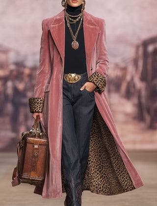 Jackie Long Velvet Coat with Leopard Lining in Dusky Pink