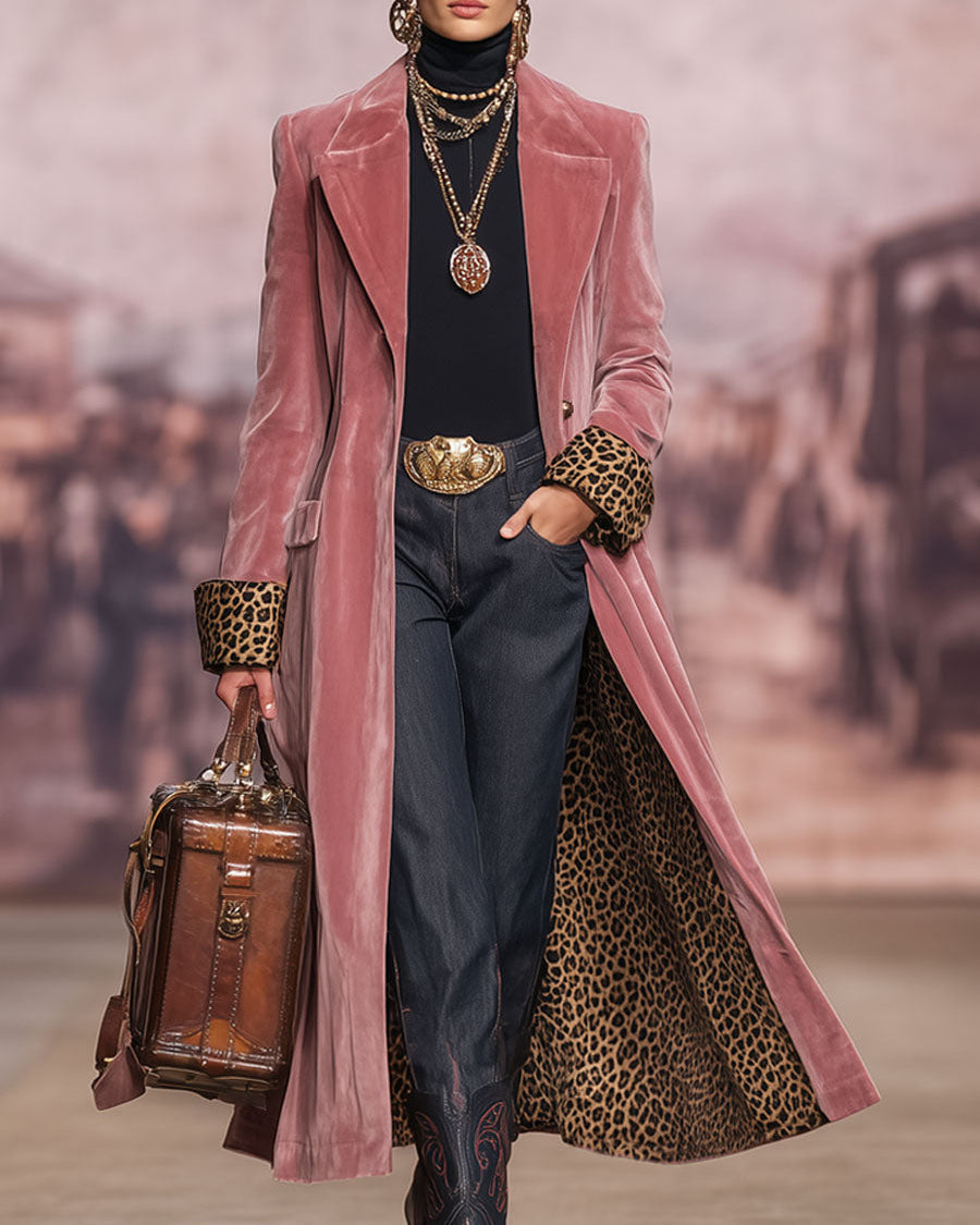 Jackie Long Velvet Coat with Leopard Lining in Dusky Pink
