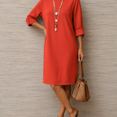 Kathleen Relaxed Roll-Cuff Pocket Dress in Orange Red