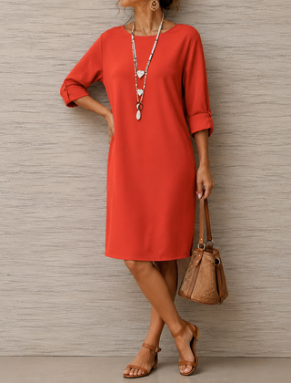 Kathleen Relaxed Roll-Cuff Pocket Dress in Orange Red