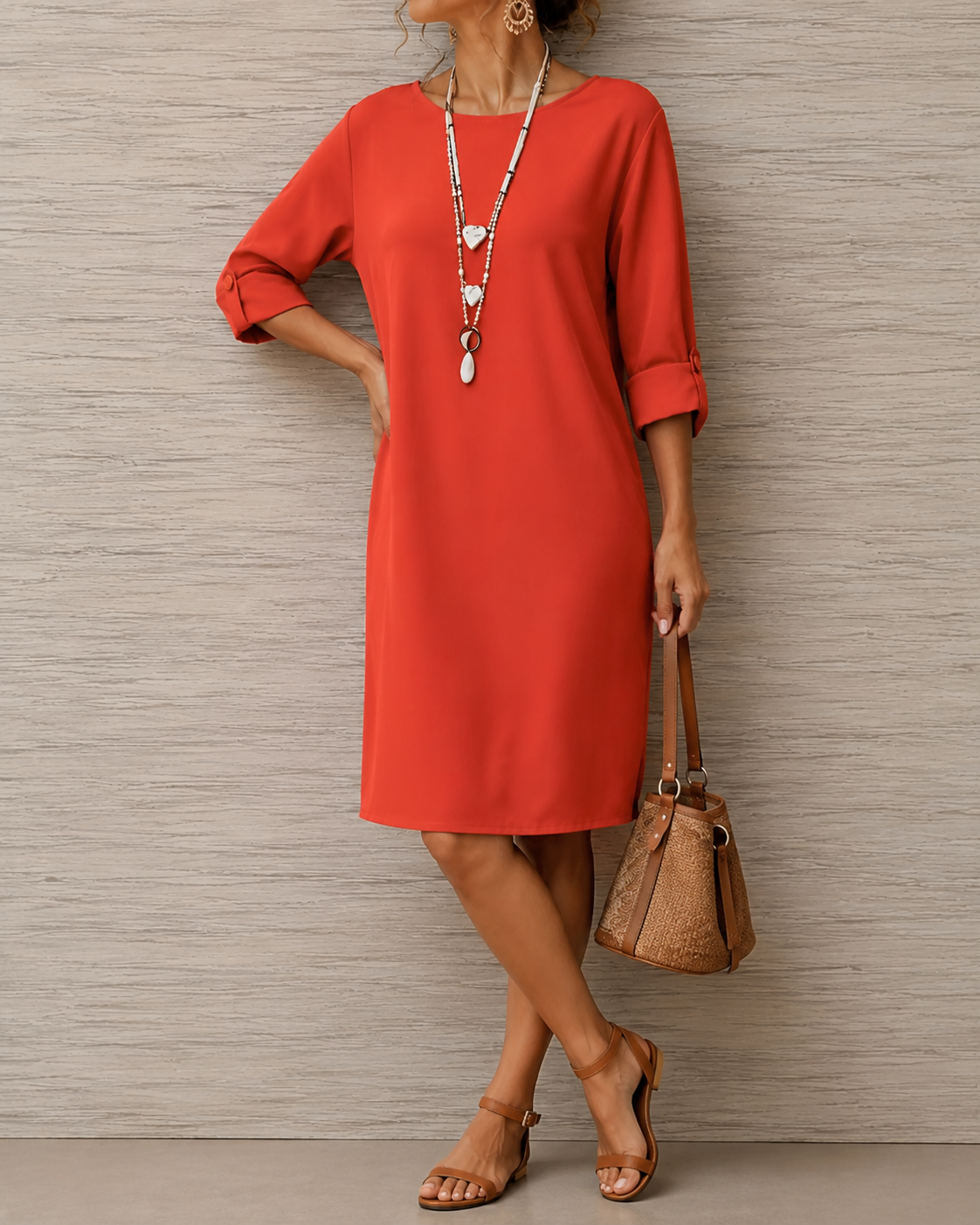 Kathleen Relaxed Roll-Cuff Pocket Dress in Orange Red